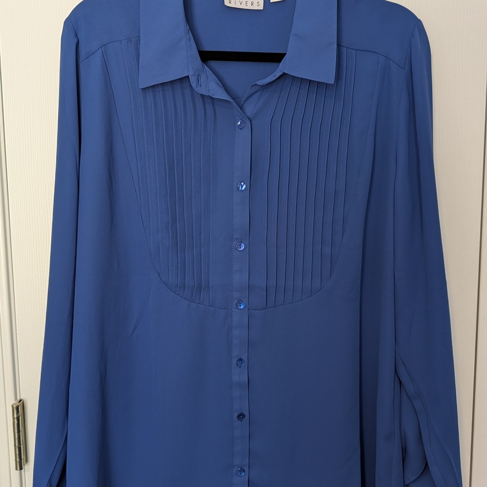 Joan Rivers Royal Blue Pleated Front Button-Down Blouse